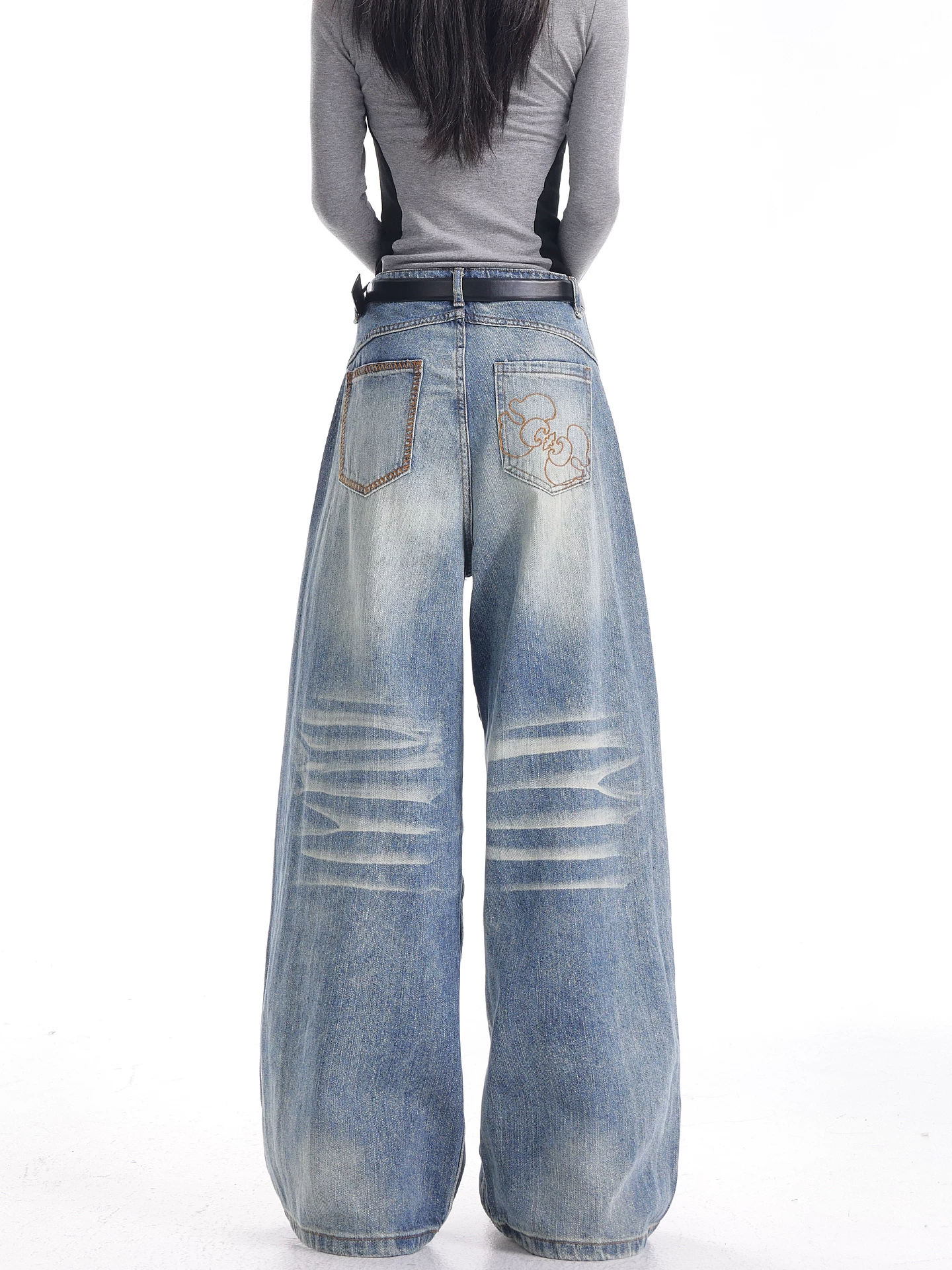 KEN STUDIO quần jean xanh có râu phong cách retro mới mùa thu đông dành cho nữ, quần ống rộng đa năng giảm béo ba chiều