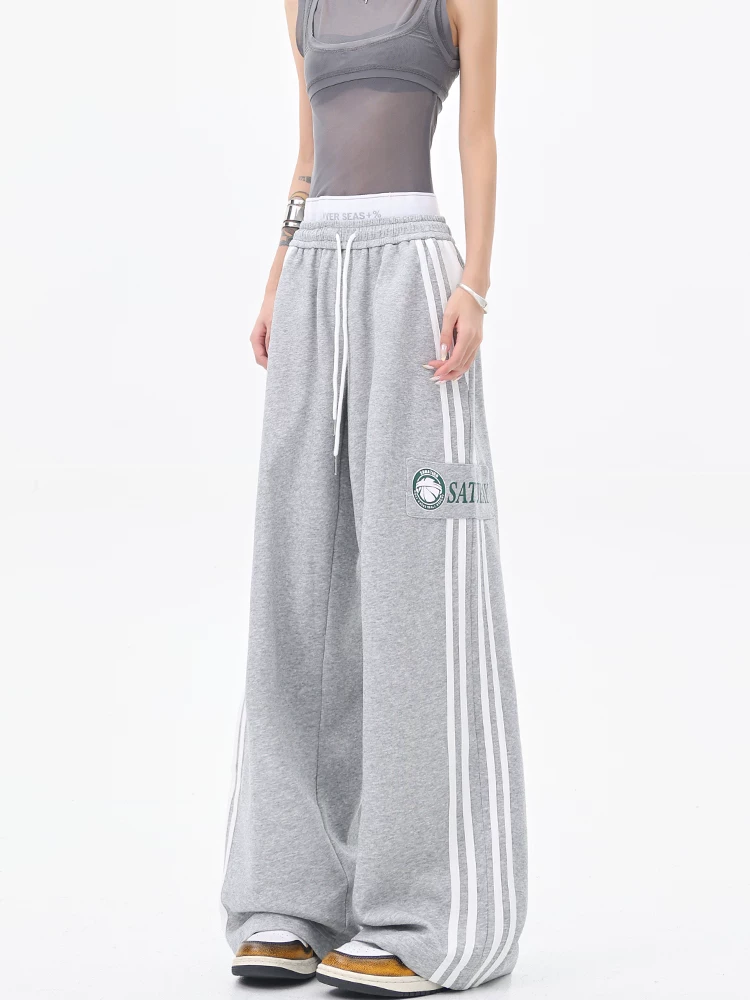 KEN STUDIO Quần thể thao in chữ phong cách retro kiểu Mỹ dành cho nữ quần thể thao ống rộng dáng rộng đa năng