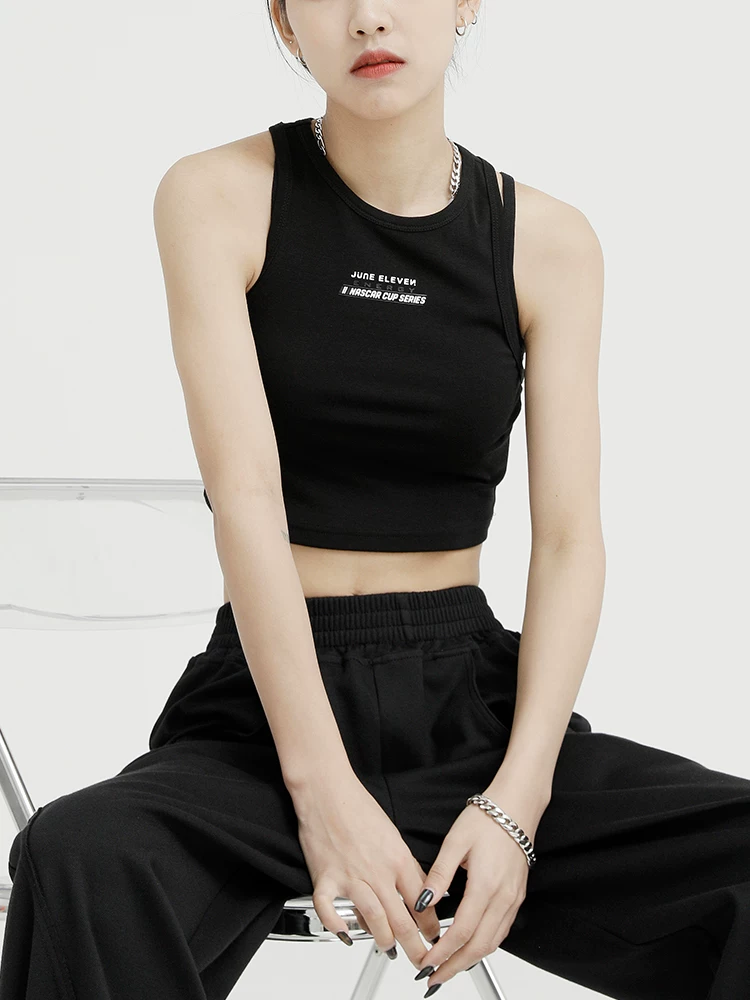 Áo ba lỗ màu đen của KEN STUDIO dành cho nữ, thiết kế độc đáo, phong cách mùa hè mới, áo sơ mi ngắn lưng cao