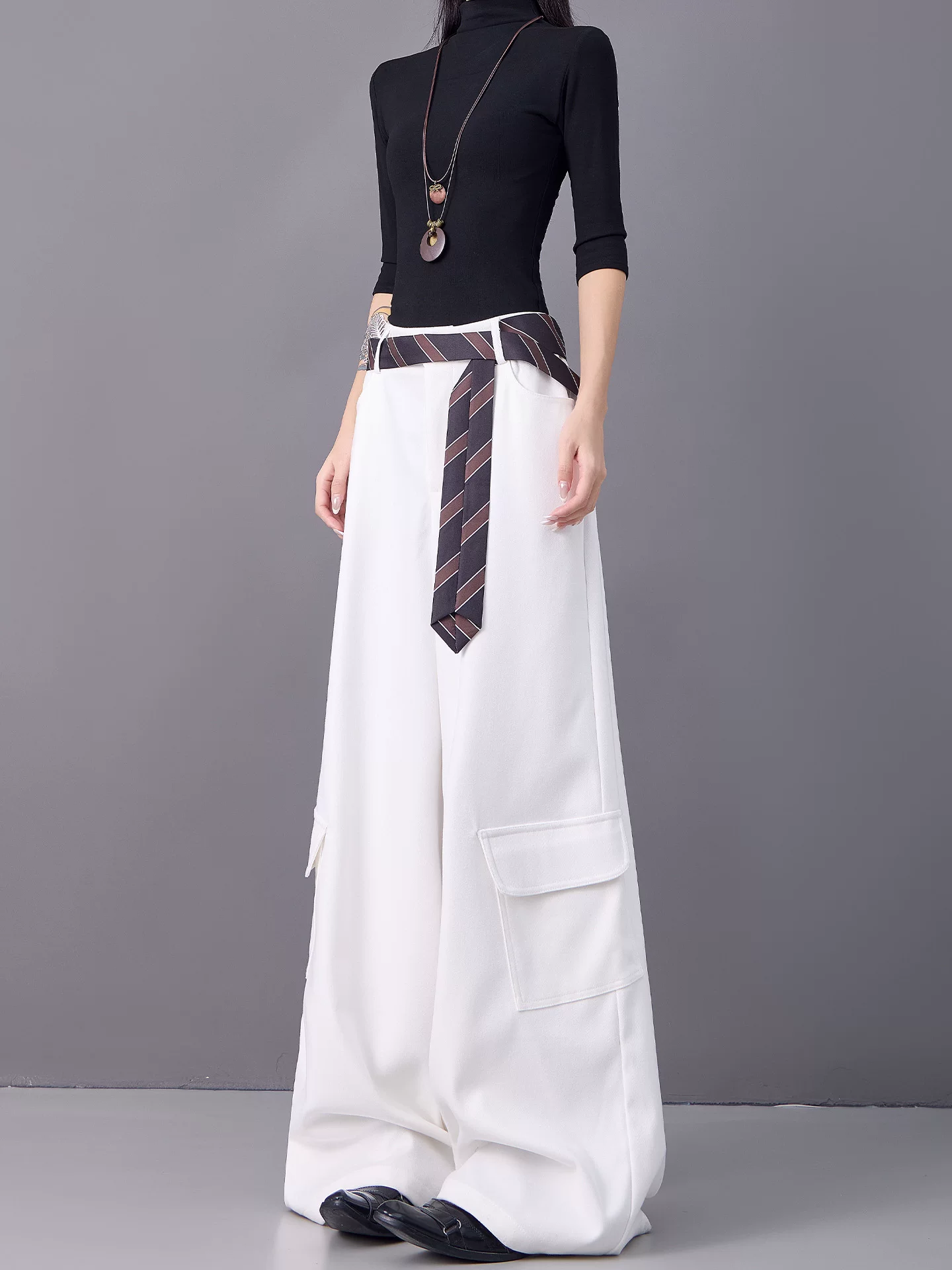 KEN STUDIO mùa thu đông mới màu trắng dày dặn quần âu thường ngày nữ lưng cao thẳng quần cargo rộng rãi quần dài