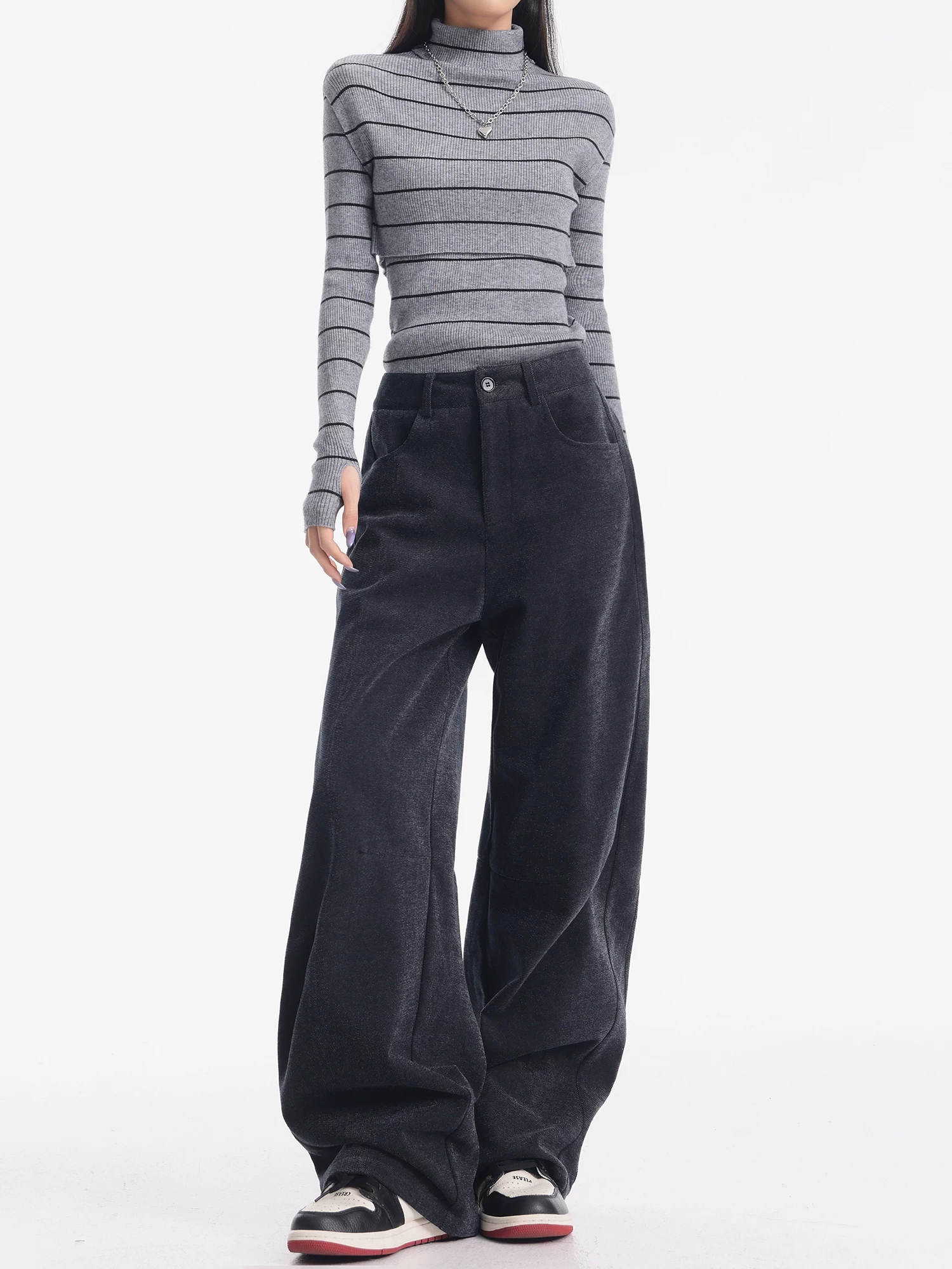 KEN STUDIO Quần thường ngày dày dặn có lót lông màu xám họa tiết hoa mùa thu đông dành cho nữ, quần ống rộng dài đến sàn, cạp cao, tôn dáng.