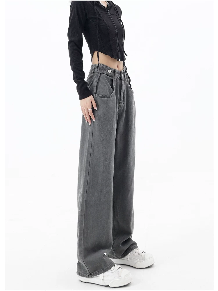 KEN STUDIO Quần jean cổ điển lót lông mùa thu đông dành cho nữ, quần ống rộng lưng thấp, quần ống rộng, quần thường ngày.