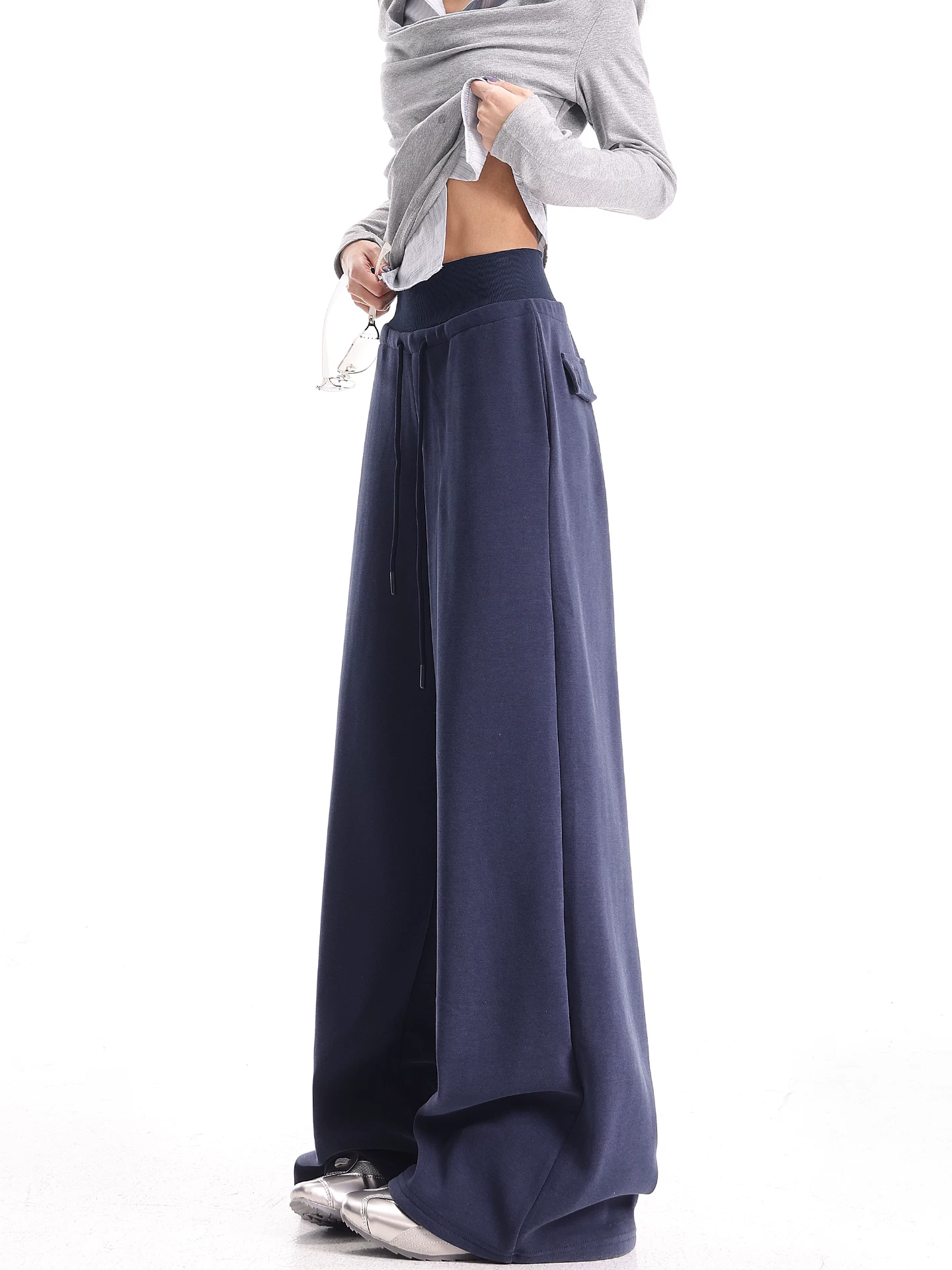 KEN STUDIO Quần thể thao dáng rộng màu xanh lam phong cách Mỹ mới dành cho nữ, có lót lông cừu, dày dặn, quần thể thao ống rộng