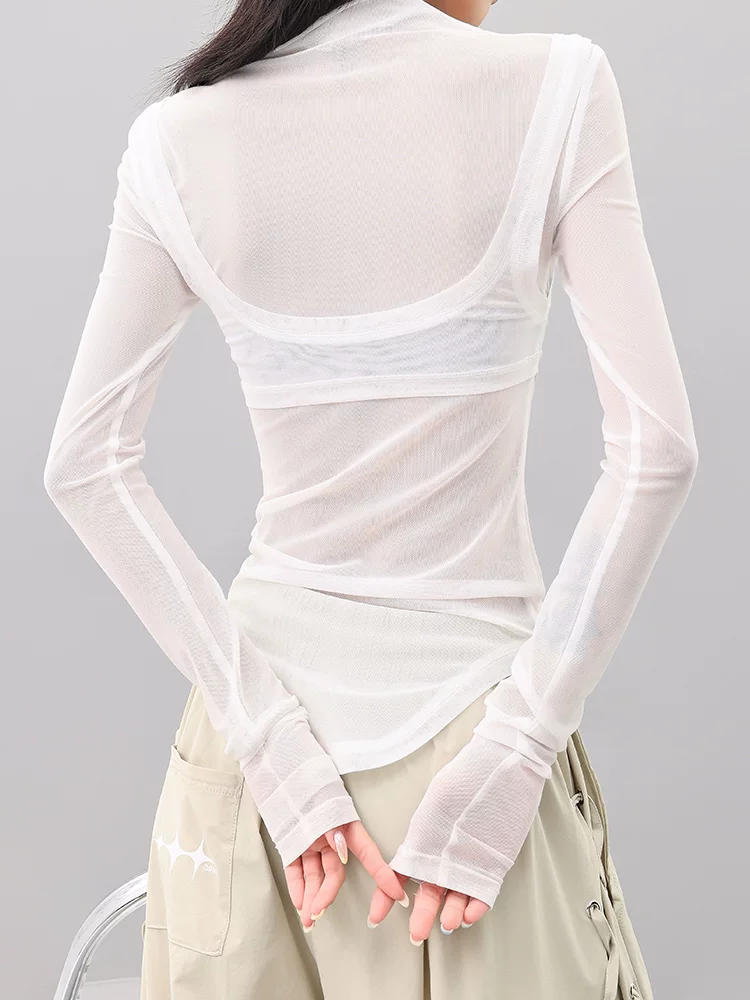 Áo thun dài tay giả hai mảnh phối lưới trắng KEN STUDIO dành cho nữ, áo dáng ôm vừa vặn mùa hè mới