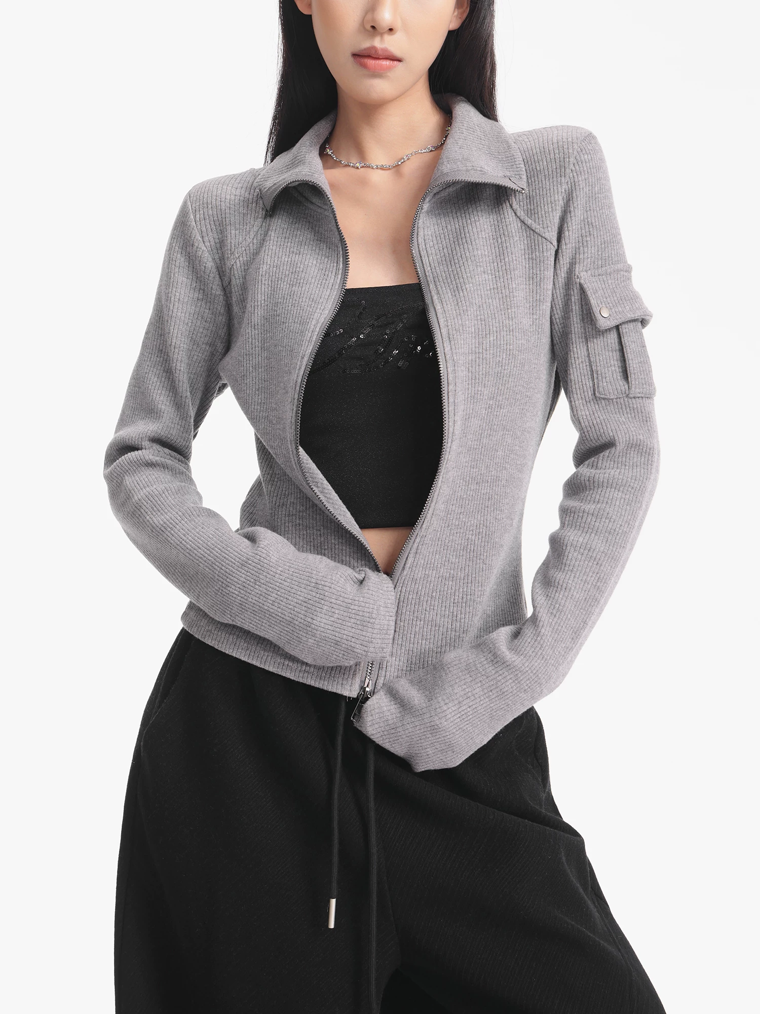 KEN STUDIO Áo khoác dệt kim màu xám mới mùa thu đông dành cho nữ có khóa kéo đôi ve áo cardigan dáng ôm dài tay