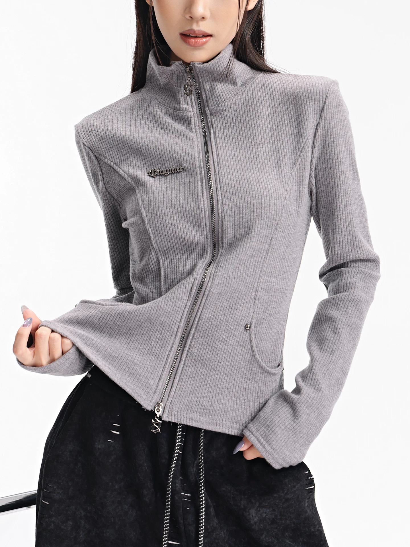 KEN STUDIO Áo khoác cardigan dệt kim màu xám phong cách Mỹ mới thu đông dành cho nữ, dáng ôm, áo dài tay sọc thon gọn