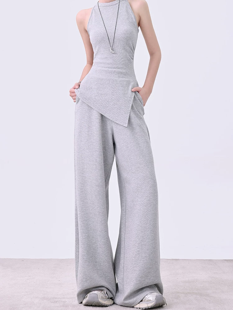 KEN STUDIO Bộ vest màu xám thanh lịch phong cách Hàn Quốc dành cho nữ, áo ba lỗ ôm sát, quần ống rộng dáng rộng, quần thể thao