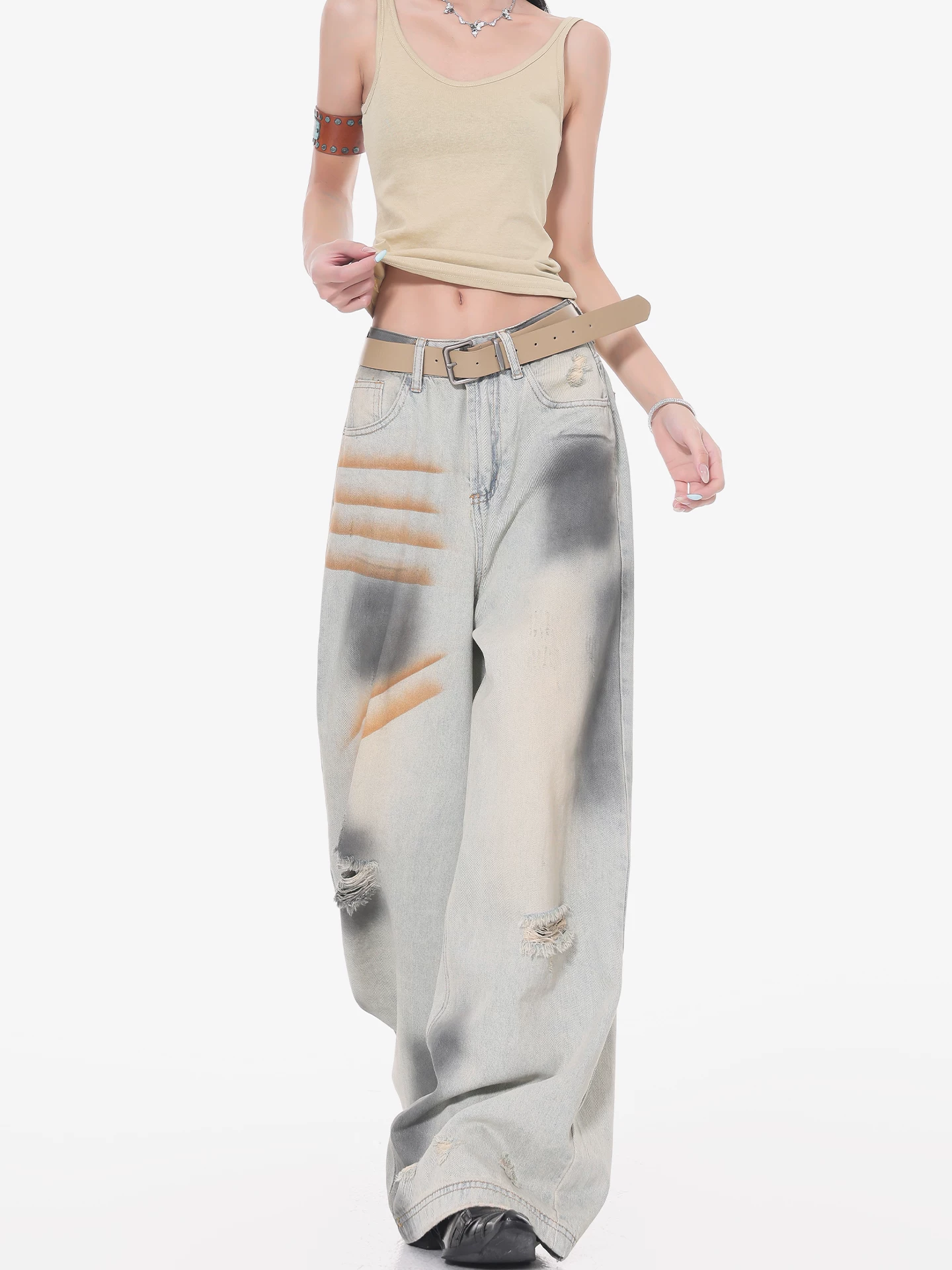 Quần jean rách, xước, phai màu của KEN STUDIO dành cho nữ, quần ống rộng, cạp cao, dáng rộng, tôn dáng, mới mùa hè