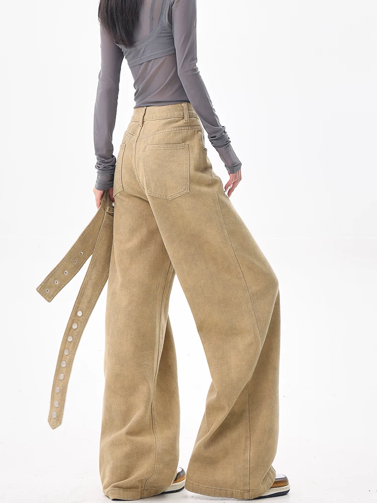 KEN STUDIO Quần denim kaki cổ điển kiểu Mỹ dành cho nữ, quần ống rộng thiết kế mới dành cho mùa hè và mùa thu.