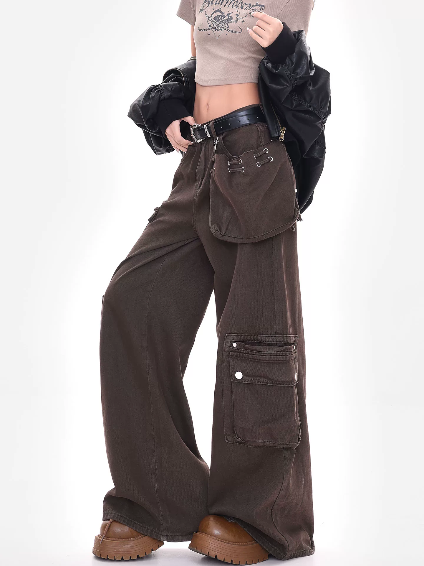 KEN STUDIO quần cargo màu cà phê mới đầu thu dành cho nữ, quần ống rộng thiết kế cổ điển kiểu Mỹ.