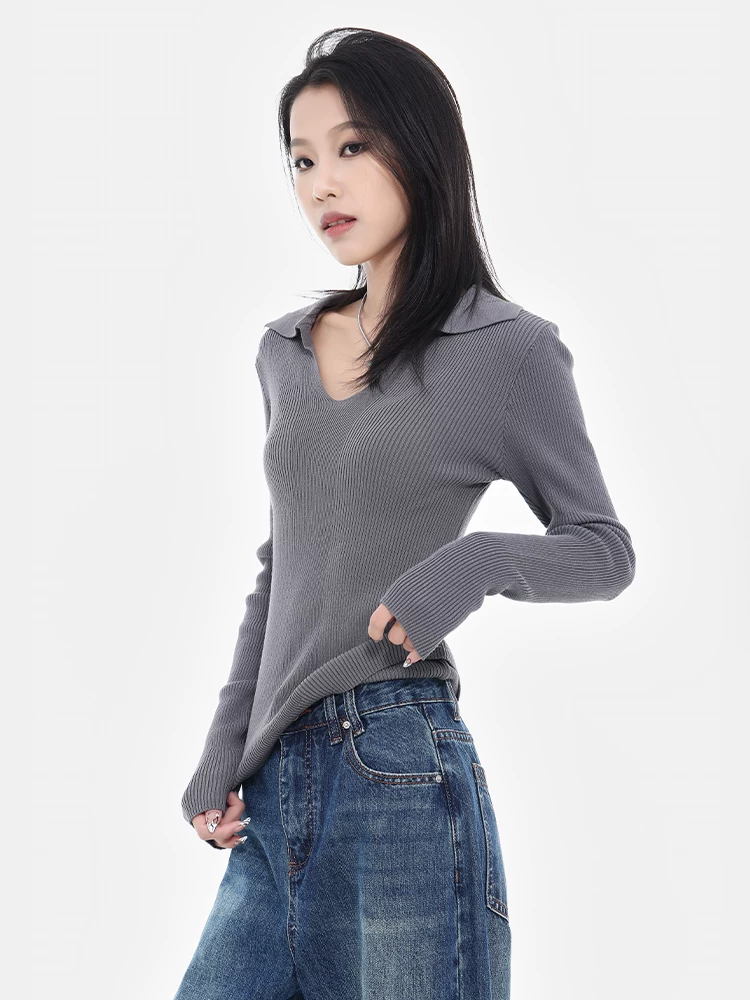 KEN STUDIO áo dệt kim dài tay cổ polo dáng ôm mới mùa xuân thu dành cho nữ, áo bên trong cổ chữ V màu xám