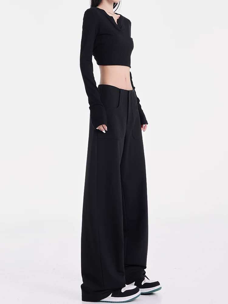 KEN STUDIO nguyên bản mùa xuân và mùa thu mới quần âu ống đứng màu đen đa năng thiết kế dáng rộng giảm béo quần âu