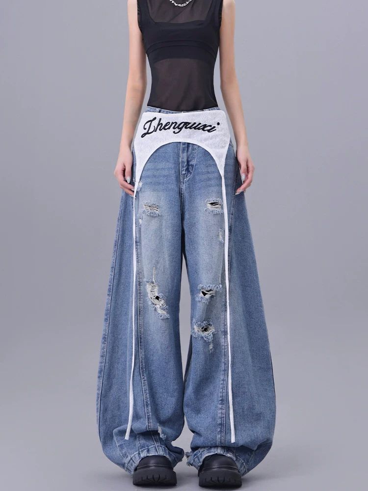 KEN STUDIO quần jean ống rộng viền ren cao cấp xẻ tà quần dài ống rộng dành cho nữ