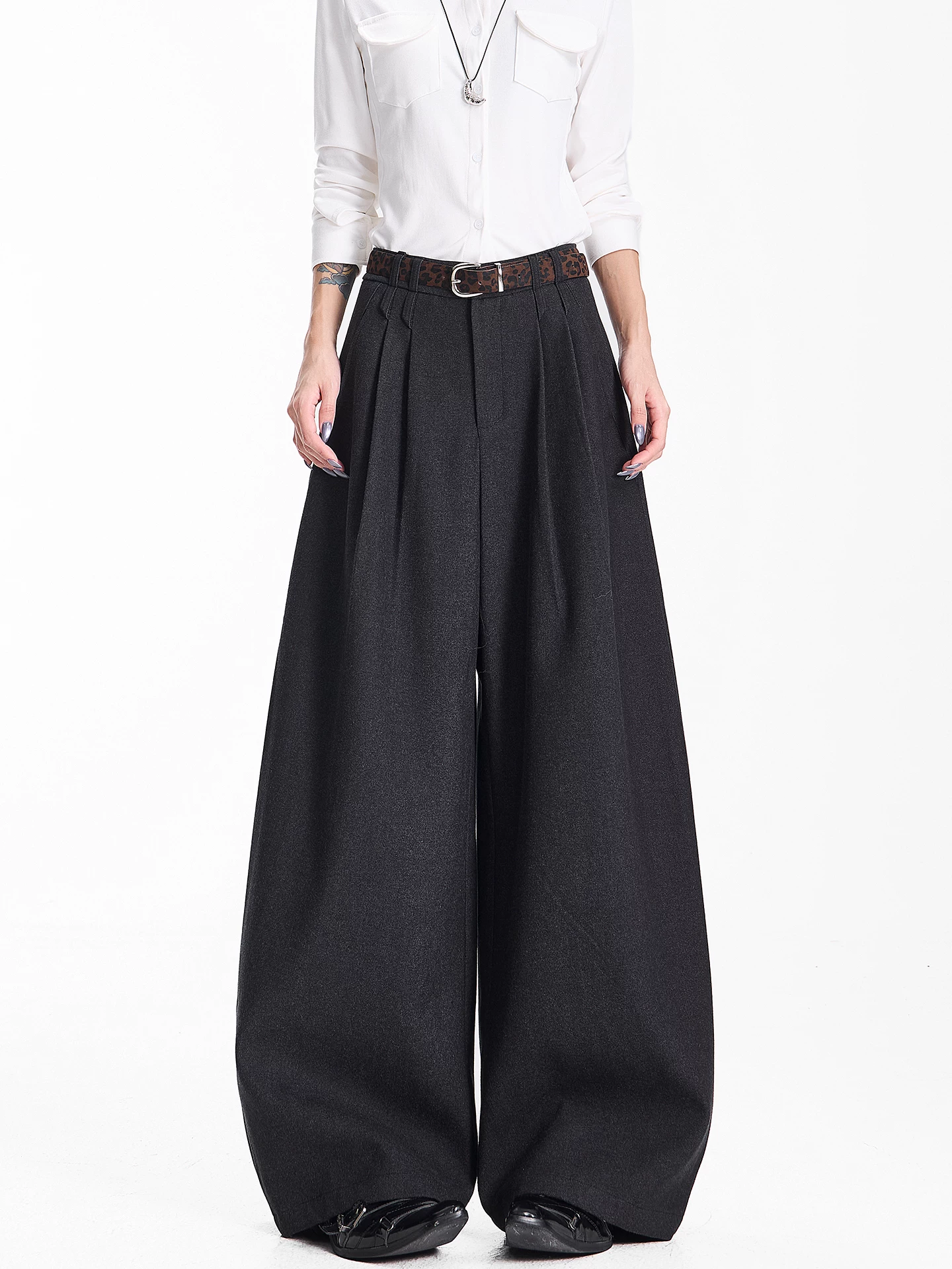 KEN STUDIO Quần âu ống rộng màu xám đậm mới thu đông dành cho nữ, quần ống rộng dáng thẳng, dáng rộng, dài đến sàn