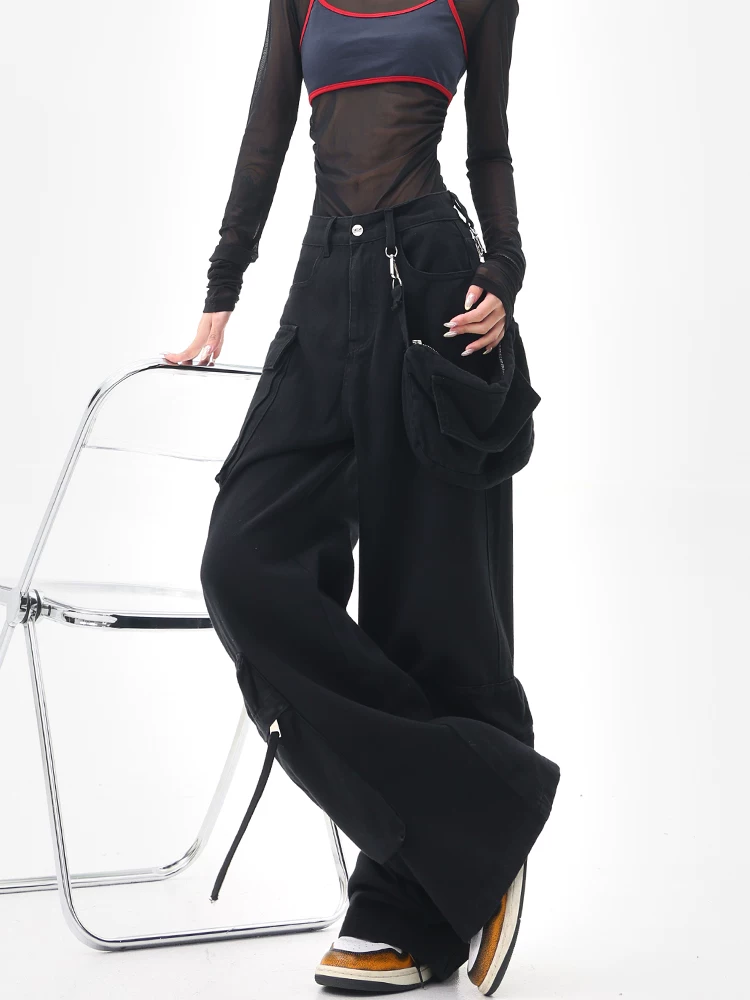 KEN STUDIO Quần jean công sở màu đen phong cách Mỹ dành cho nữ, quần ống rộng thẳng nhiều túi mùa hè mới