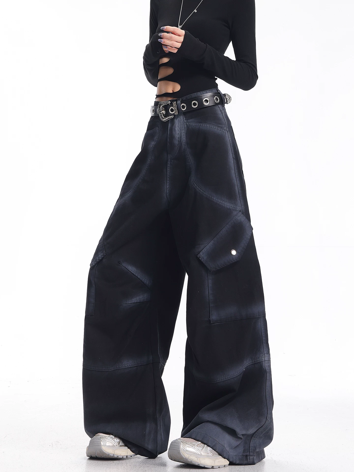 KEN STUDIO Quần ống rộng màu đen phong cách Mỹ mới thu đông dành cho nữ với thiết kế chuyển màu Quần dài đa năng