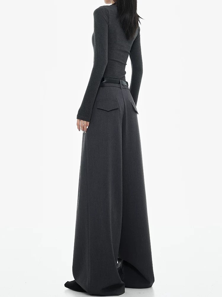 KEN STUDIO đầu mùa thu Quần âu ống rộng màu xám lưng cao kiểu Mỹ mới dành cho nữ với thiết kế xếp ly và quần dài ống thẳng