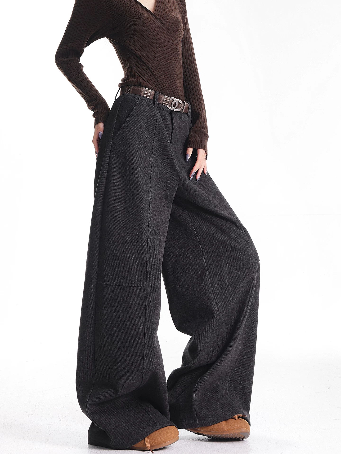 KEN STUDIO Quần âu ống rộng bằng len màu xám thu đông mới dành cho nữ, dáng rộng và đa năng, quần dài dày, quần dài