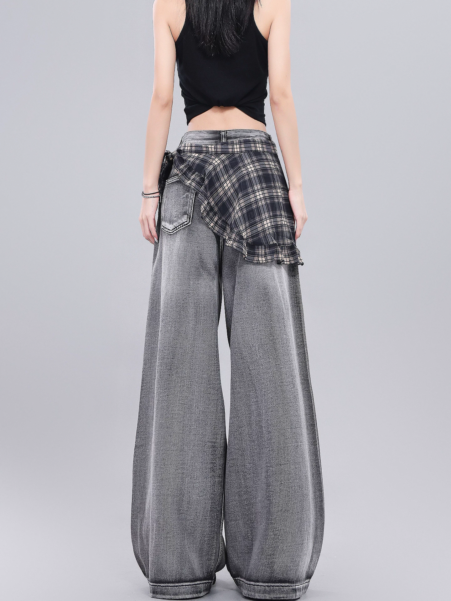 KEN STUDIO Quần jean rách kiểu cổ điển của Mỹ dành cho nữ, quần ống rộng kẻ sọc mùa hè mới.