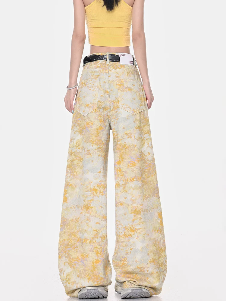 KEN STUDIO mùa hè mới quần jean in họa tiết tie-dye cổ điển dành cho nữ, quần ống rộng dài đến sàn dáng rộng giúp giảm béo