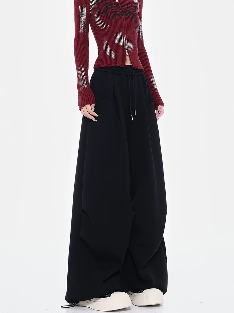 Quần lính dù màu đen thu đông của KEN STUDIO dành cho phụ nữ cao, quần ống rộng dài đến sàn, quần thể thao, quần dài