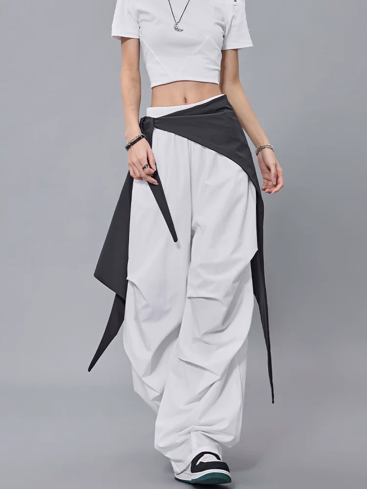 KEN STUDIO mùa hè mới quần dù có dây rút màu sắc phong cách Mỹ dành cho nữ, quần ống rộng thẳng hợp thời trang đường phố cao cấp