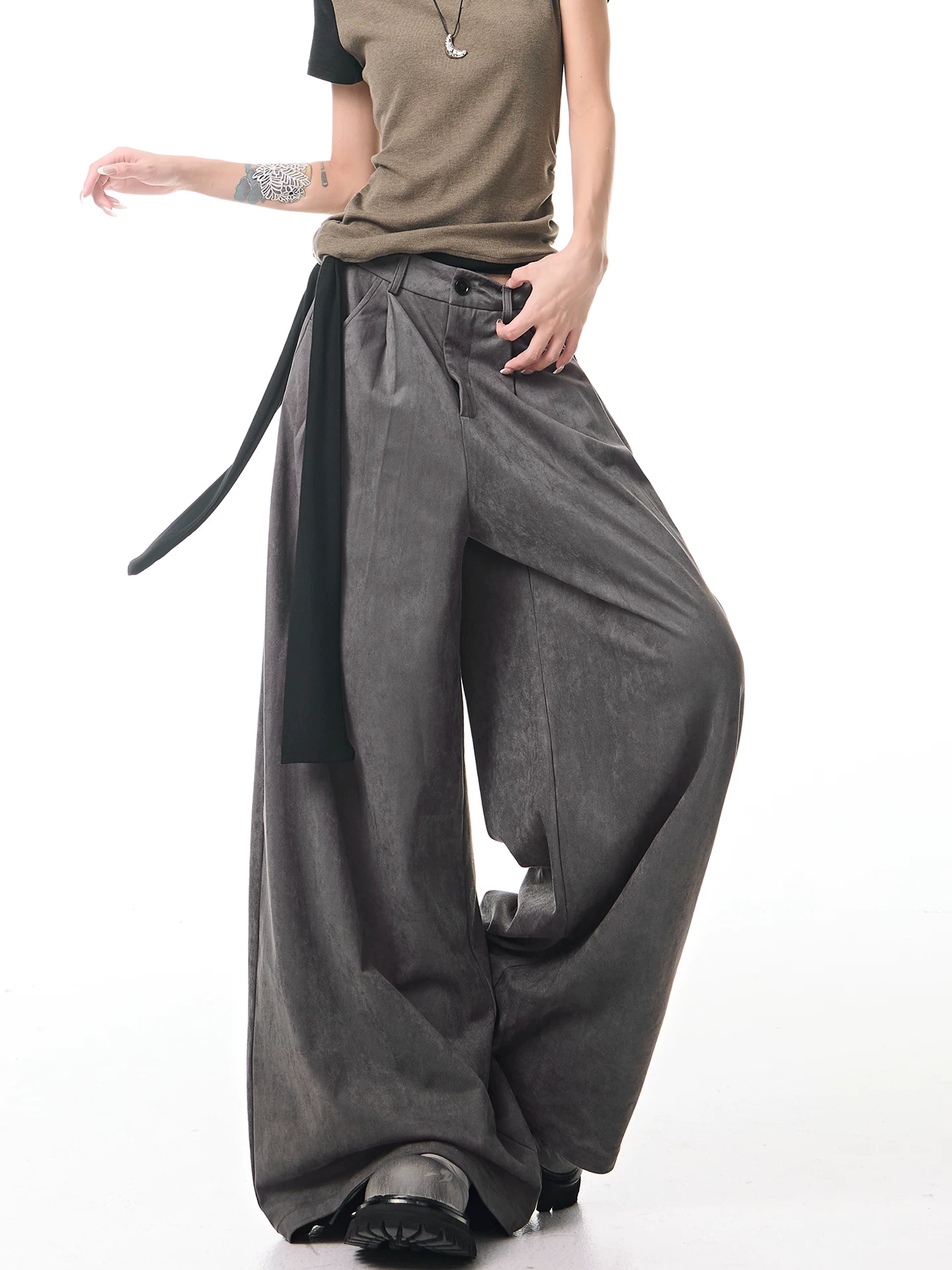 KEN STUDIO Quần tây ống rộng da lộn màu xám thu đông mới dành cho nữ, quần cạp cao, dáng rộng, quần thường ngày giúp giảm béo