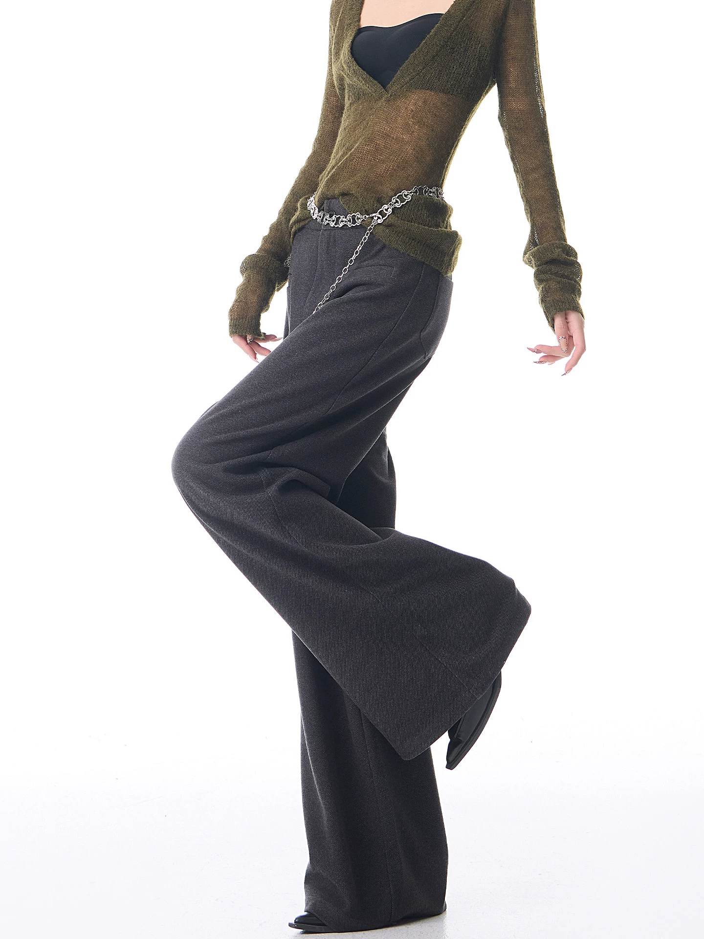 KEN STUDIO quần âu ống rộng bằng len dày mới mùa thu đông dành cho nữ, quần dài dáng rộng màu xám.