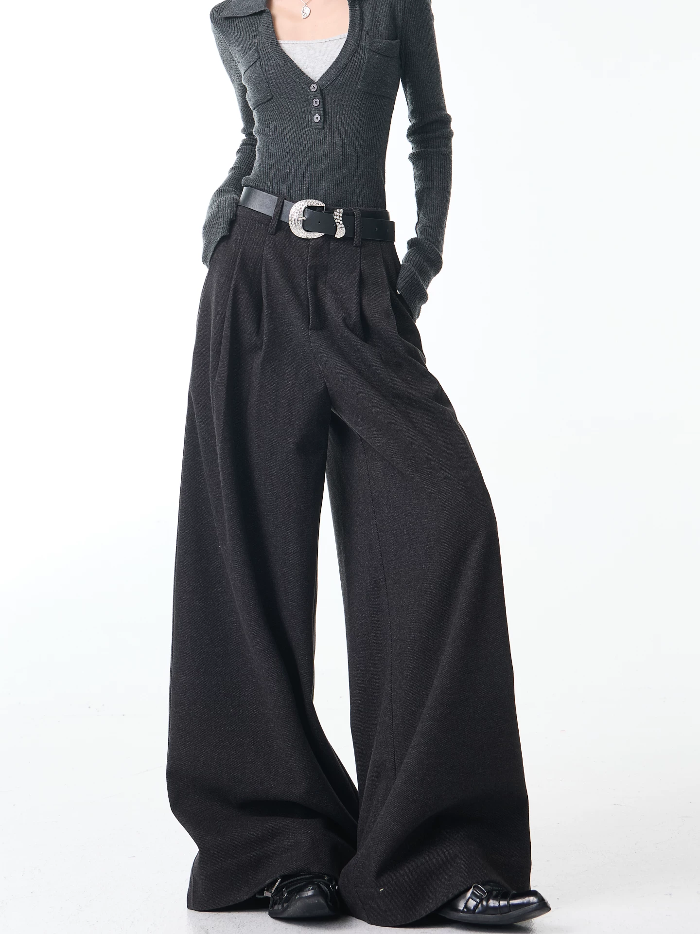 KEN STUDIO Quần tây xếp ly len dày màu xám thu đông mới dành cho nữ, quần cạp cao, dáng rộng và suôn mềm