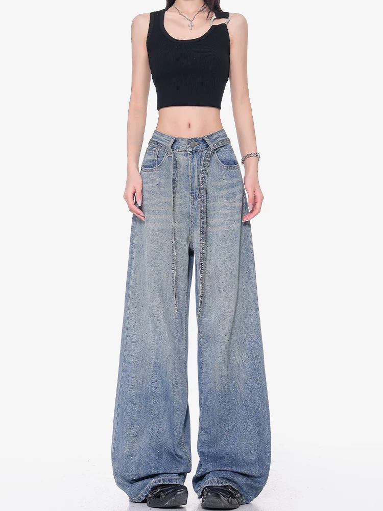 KEN STUDIO Xuân Thu Mới Xanh Dương Đầy Sao Đính Kim Cương Giả Quần Jean Nữ Cao Cấp Rách Rộng Quần Ống Rộng