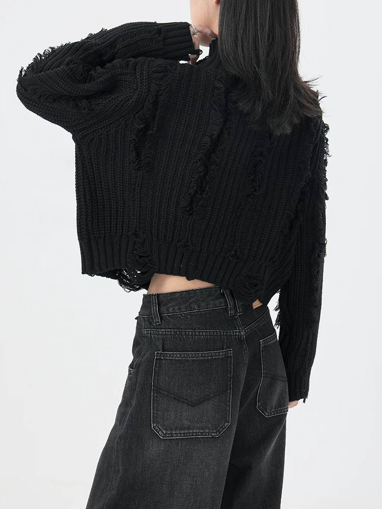 KEN STUDIO mới mùa thu đông áo len đen nữ nửa cổ cao rách áo khoác ngắn có khóa kéo áo dệt kim