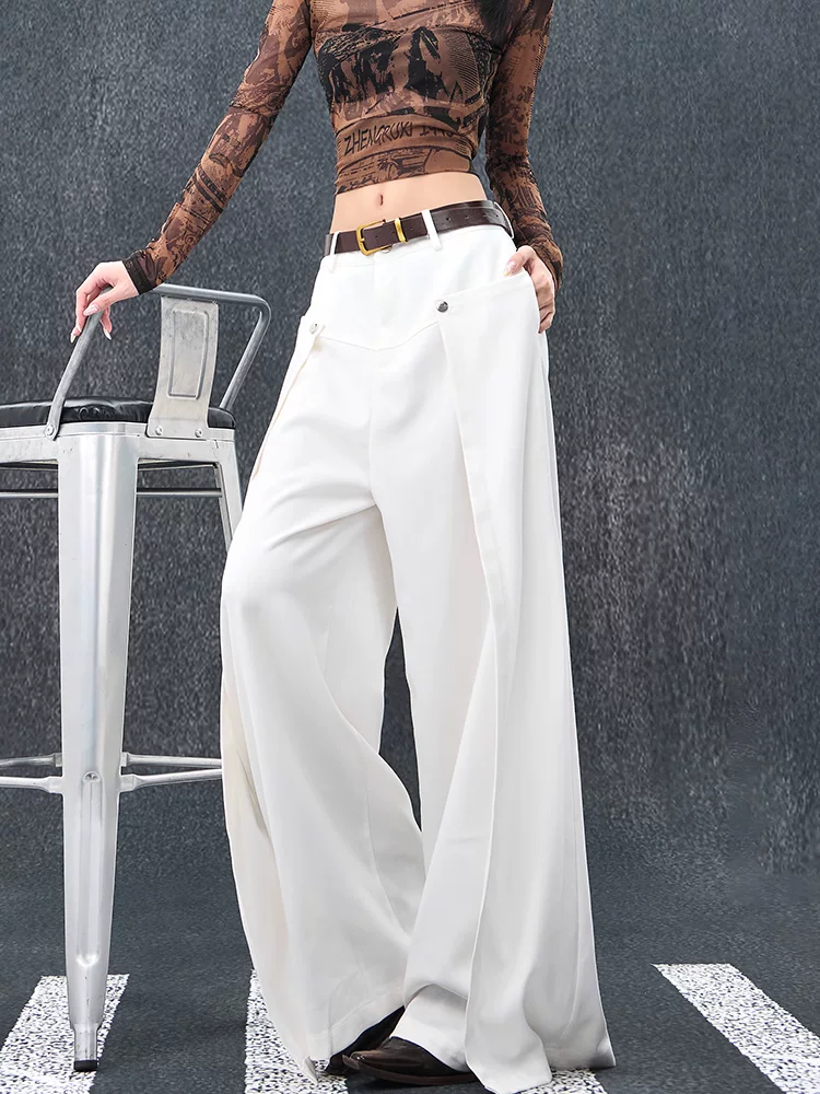 KEN STUDIO thiết kế mới mùa hè và mùa thu quần âu ống rộng màu trắng dành cho nữ, quần cạp cao, thon gọn, mềm mại, quần dài đến sàn