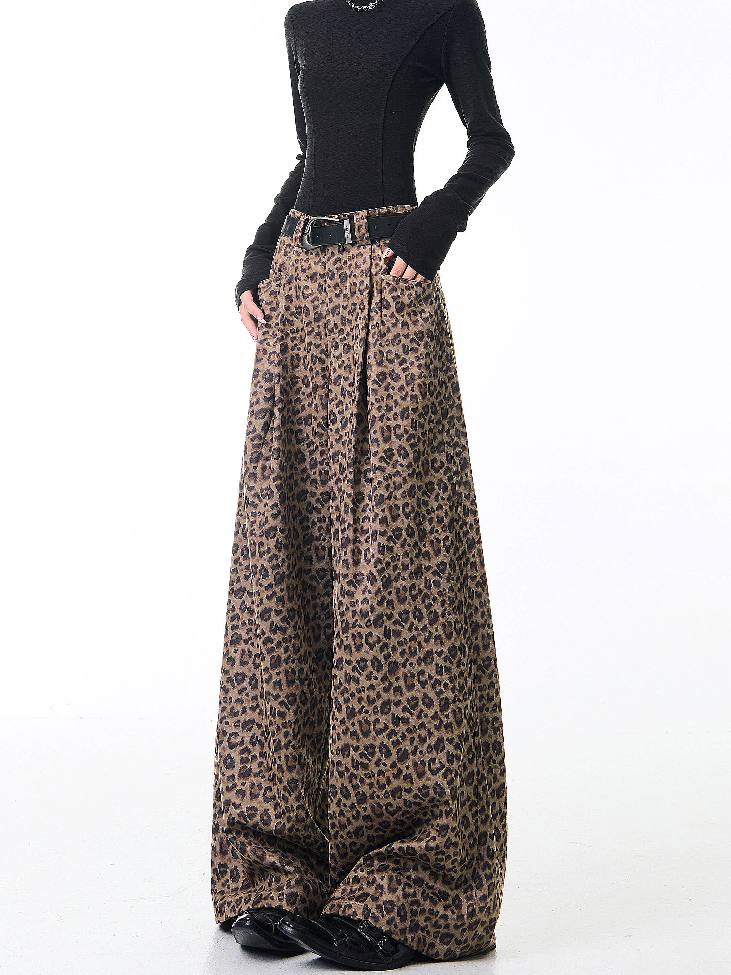 KEN STUDIO mùa thu đông mới phong cách retro da lộn in họa tiết da báo quần tây nữ lưng cao giảm béo quần ống rộng quần âu