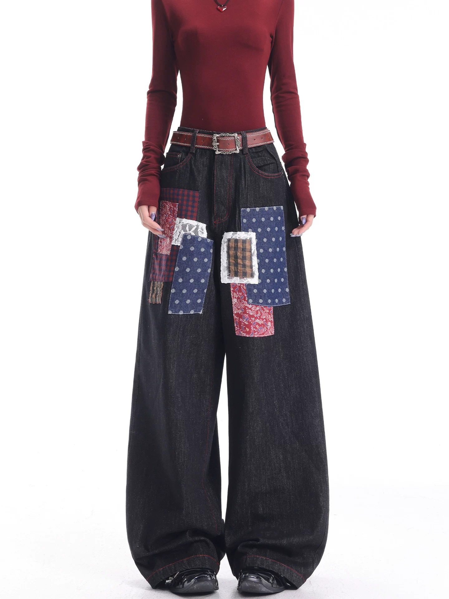 KEN STUDIO quần jean chắp vá phong cách retro mới của Mỹ dành cho nữ, quần ống rộng dáng rộng, giảm béo