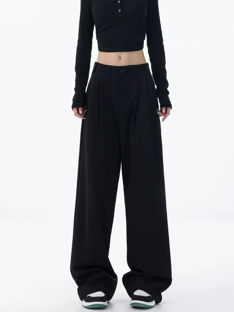 Quần vest thường ngày màu đen của KEN STUDIO dành cho nữ, quần ống rộng dáng rộng, quần ống thẳng, quần vest.