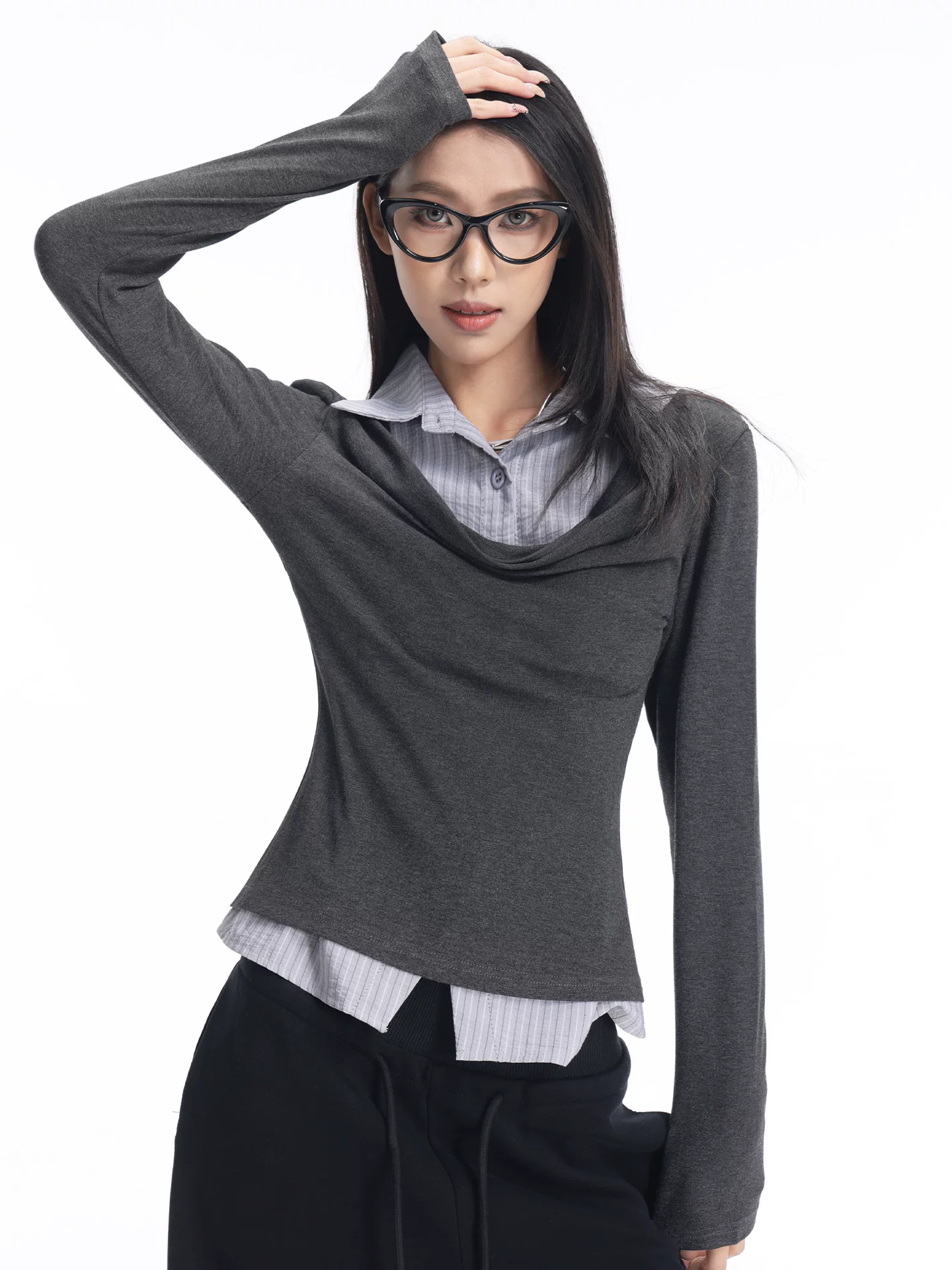 KEN STDUIO Thu Đông Mới Phong Cách Hàn Quốc Giả Hai Mảnh Áo Sơ Mi Áo Thun Nữ Lớp Trang Phục Giảm Béo Cổ Áo Xoay Top