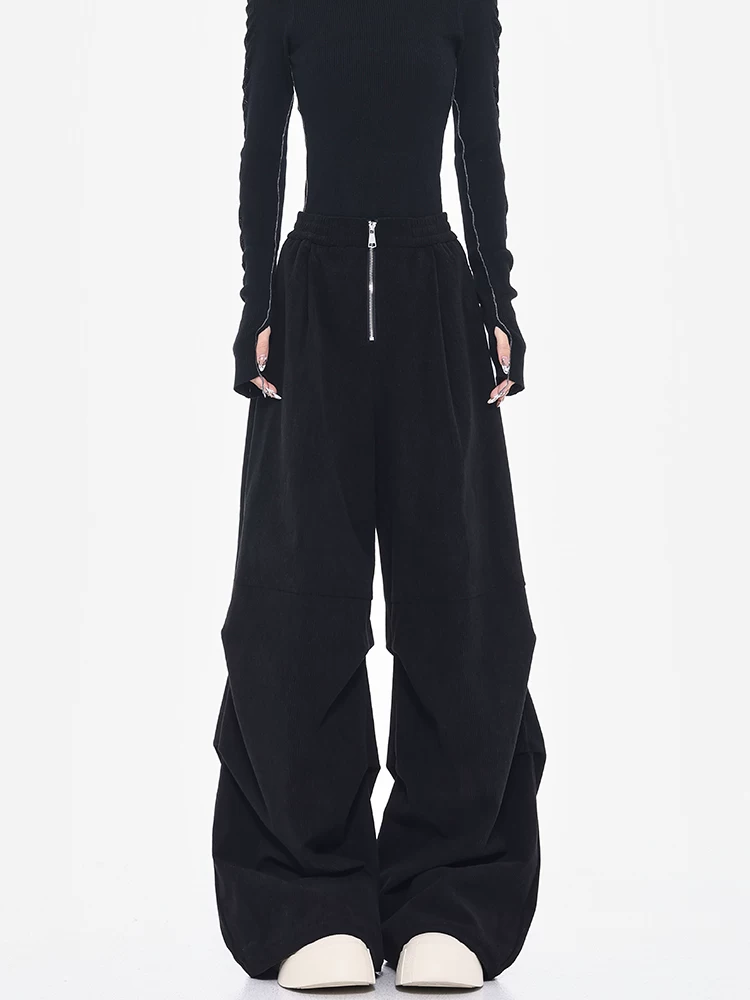 KEN STUDIO Quần ống rộng vải nhung dày màu đen thu đông mới dành cho nữ, quần cạp cao, giảm béo, quần rộng rãi thường ngày