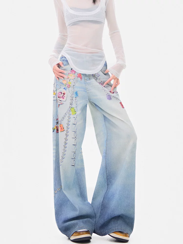 KEN STUDIO Quần jean ống rộng in họa tiết kiểu Mỹ dành cho nữ, quần dài dáng rộng dáng rộng mới mùa hè