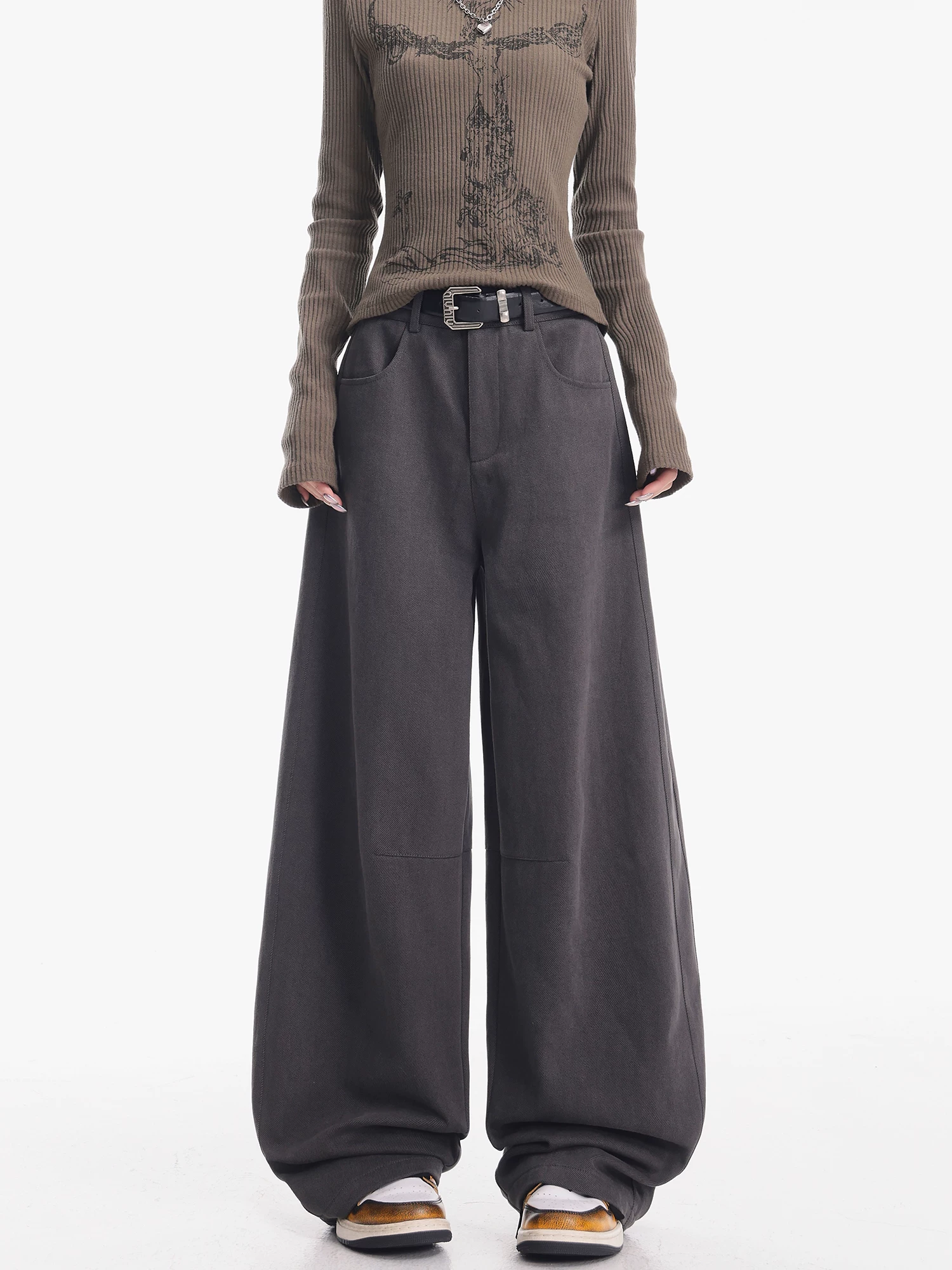 KEN STUDIO Quần ống rộng dày dặn lót lông cừu màu xám thu đông mới dành cho nữ, quần dài đa năng cạp cao