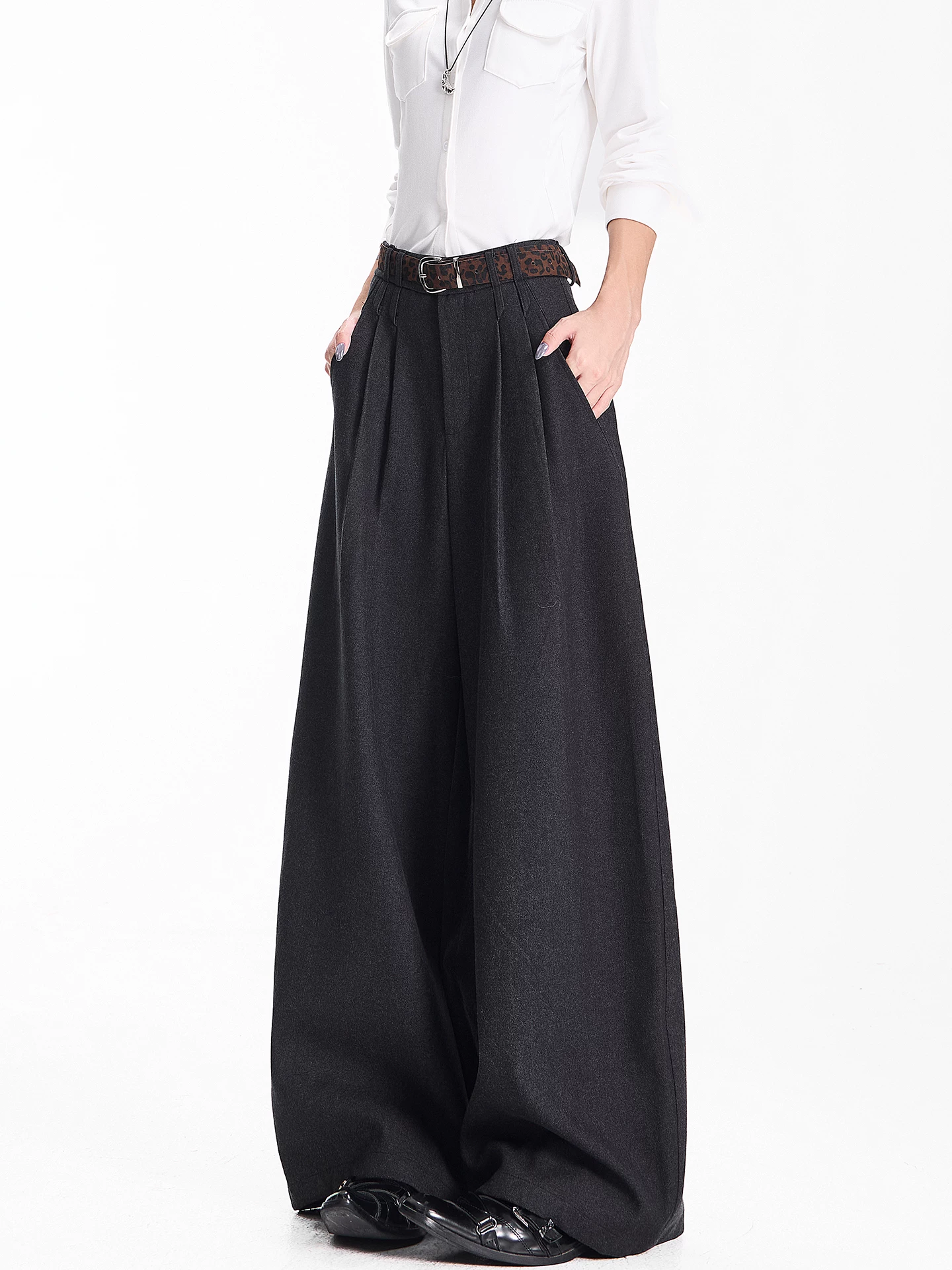 KEN STUDIO Quần âu ống rộng màu xám đậm mới thu đông dành cho nữ, quần ống rộng dáng thẳng, dáng rộng, dài đến sàn