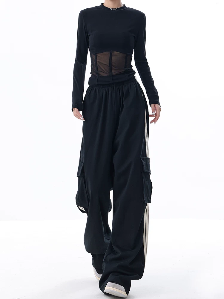 KEN STUDIO Quần cargo thường ngày mới mùa xuân thu dành cho nữ với thiết kế ba sọc, quần dài thể thao độc đáo