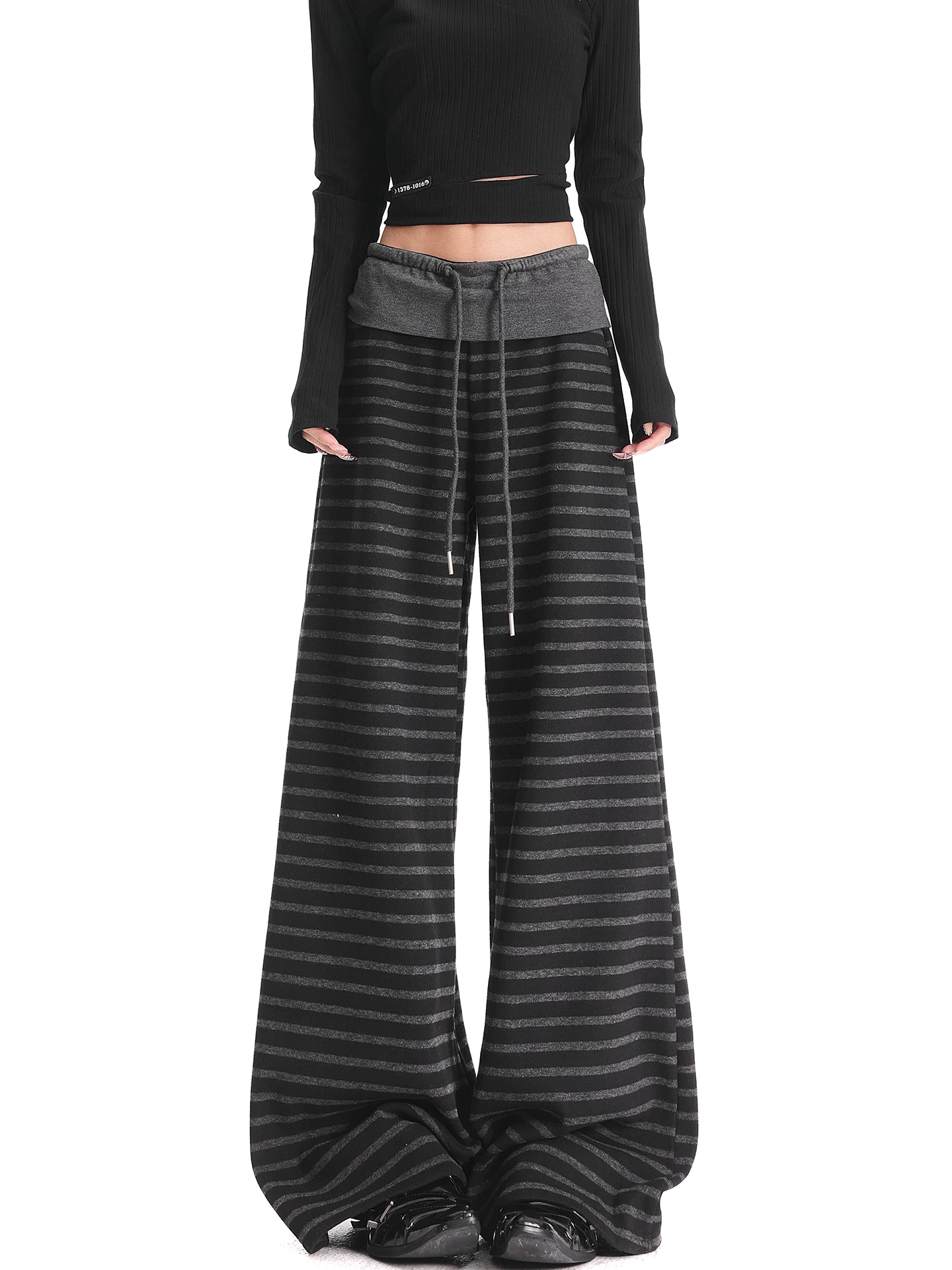 KEN STUDIO quần dài sọc kẻ sọc màu đen lót lông cừu mùa thu đông mới quần ống rộng đa năng quần dài đến sàn