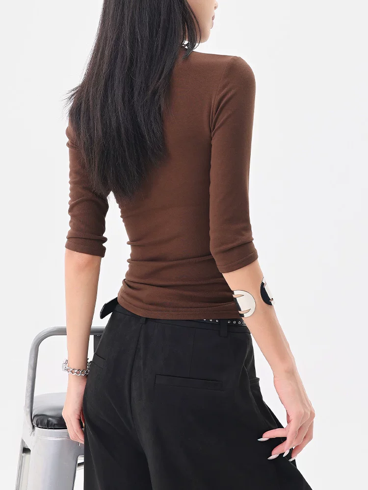 KEN STUDIO Áo thun dệt kim nửa tay cổ cao Melard dành cho nữ, áo trong mỏng vừa vặn mới đầu mùa thu