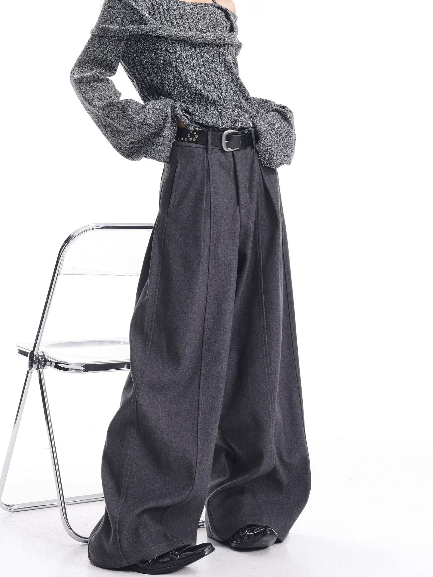 KEN STUDIO Quần vest dày màu xám nhạt mới dành cho nữ mùa thu đông, chất liệu len, dáng rộng, tôn dáng, ống rộng, quần dài đến sàn.