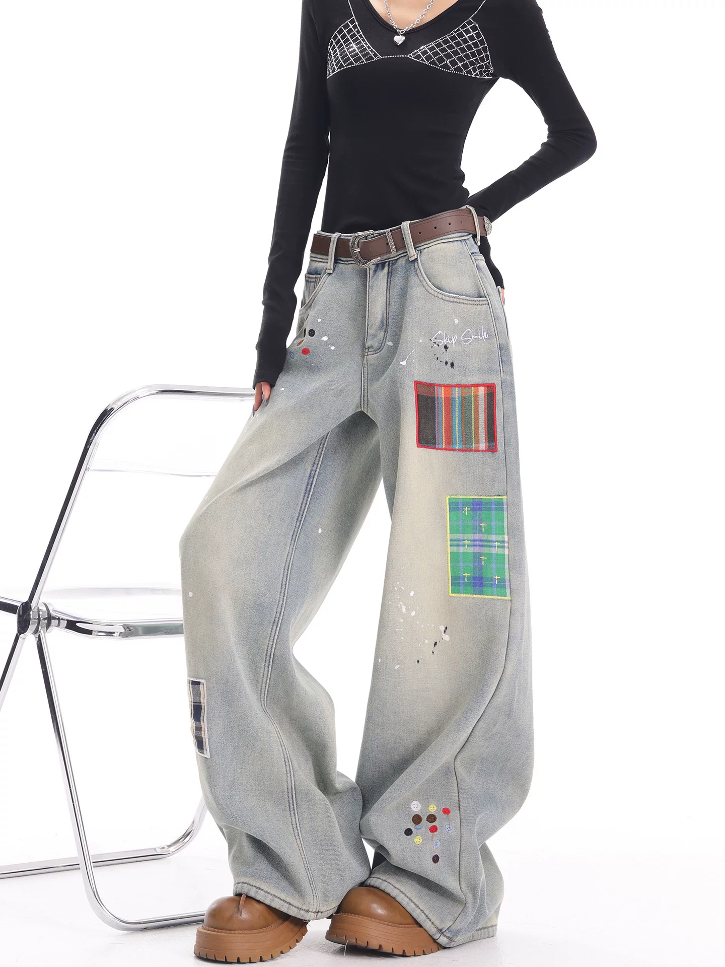 KEN STUDIO quần jean thêu chắp vá màu xanh cổ điển mới mùa thu đông dành cho nữ, quần ống rộng dày và lót lông cừu.