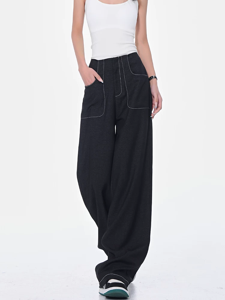 KEN STUDIO Xuân Thu Quần tây ống rộng màu đen mới dành cho nữ có thiết kế đường khâu, lưng cao, xếp nếp, quần ống rộng giảm béo