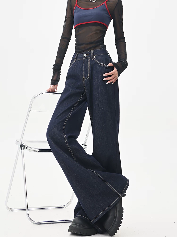 KEN STUDIO Quần jean ống rộng màu xanh đậm theo phong cách retro của Mỹ dành cho nữ, quần ống rộng cạp cao kiểu dáng mùa hè mới, quần ống rộng dáng thẳng
