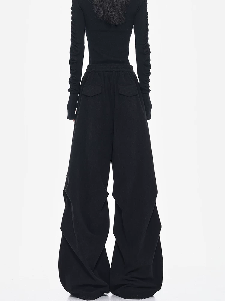 KEN STUDIO Quần ống rộng vải nhung dày màu đen thu đông mới dành cho nữ, quần cạp cao, giảm béo, quần rộng rãi thường ngày