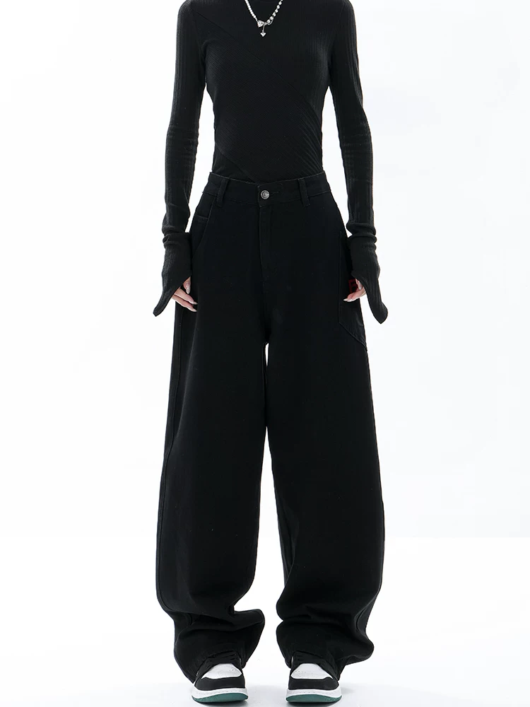 KEN STUDIO Xuân Thu Mới Màu Đen Rộng Quần Jean Ống Rộng Nữ Mỹ Retro Quần Ống Thẳng Quần Dài Quần