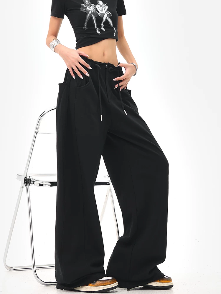 KEN STUDIO Quần thể thao dây rút màu đen phong cách đường phố Mỹ Quần ống rộng lưng cao dáng rộng dành cho nữ